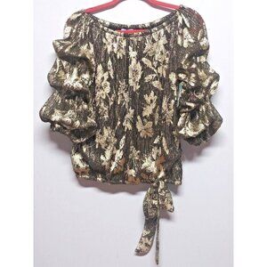 NWT CeCe Womens top Sz S shimmery gold black Party metallic blouson off shoulder